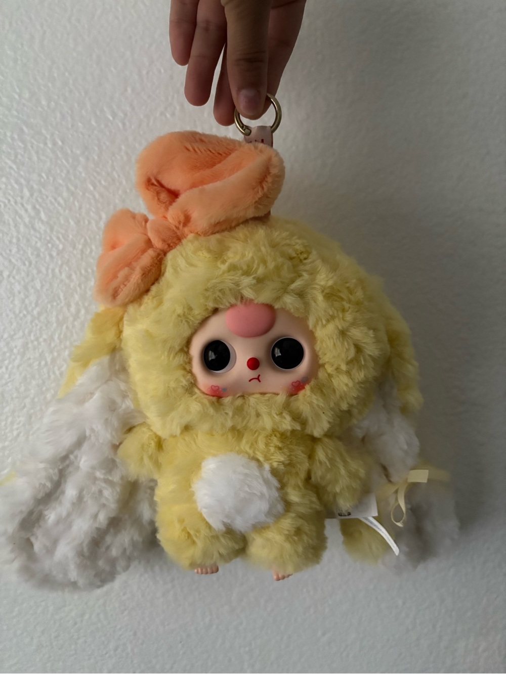 Plush Yellow Bunny Doll Keychain with Peach Bow